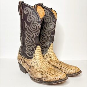 Tony Lama Snakeskin Cowboy Boots with Leather Embroidered Shaft Size 7 Men’s Tan